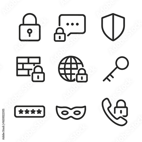Security Icons Set. Outline icon set of communication security: lock, encrypted chat, shield, firewall, VPN, key, password input,