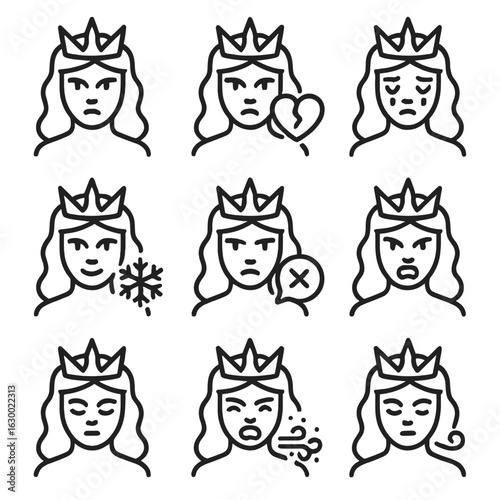 Ice Queen Emotions Icons. Outline icon set of ice queen’s emotions: cold stare, icy heart, frozen tears, snowflake smile, chilling
