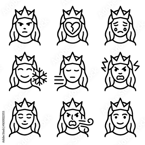 Ice Queen Emotions Icons. Outline icon set of ice queen’s emotions: cold stare, icy heart, frozen tears, snowflake smile, chilling