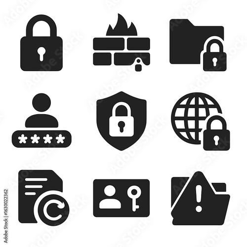 Data Security Icons. Solid, filled icons set of data security and privacy: padlock, firewall, encrypted folder