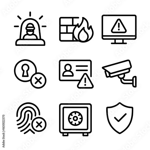 Security Alert Icons. Outline icon set of security alert tones: intrusion detection alarm icon, firewall breach warning tone,