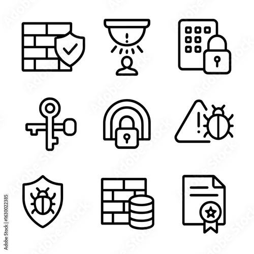 Security Gateway Icons. Outline icon set of security gateways: firewall shield, intrusion detection, access control, encryption
