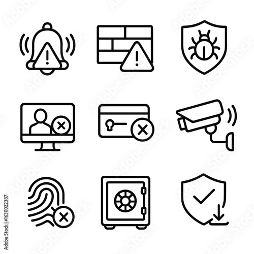 Security Alert Icons. Outline icon set of security alert tones: intrusion detection alarm icon, firewall breach warning tone,