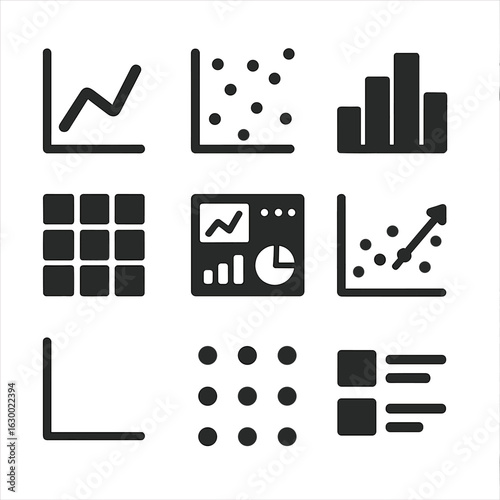 Data Visualization Icons. Solid, filled icons set of data visualization tools: line graph, scatter plot,