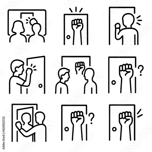 Iconic Movie Knocks. Outline icon set of knock in movies: movie knock scene, dramatic door knock, knock before entrance, surprise