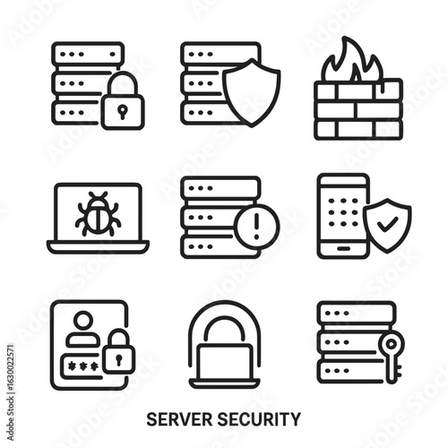 Server Security Icons. Outline icon set of server security: padlock, shield, firewall, antivirus, intrusion detection, two-factor