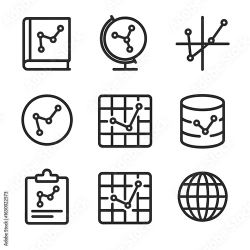 Constellation Mapping Icon Set. Outline icon set of constellation mapping tools: star catalog, celestial globe, coordinate system,