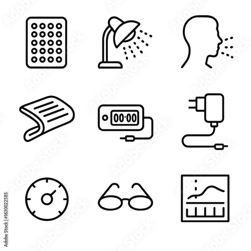 Outline Icon Sets. Outline icon set of red light therapy: LED panel, infrared lamp, patient silhouette, treatment pad, timer