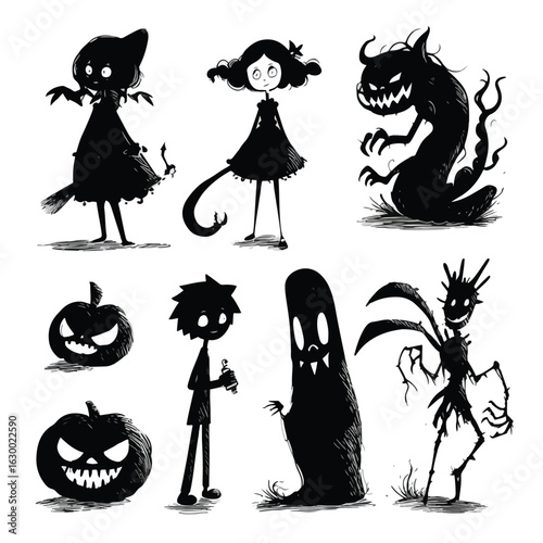 Vector silhouette set of Halloween Child's Drawing (with horror twist) isolated in White background, silhouette Set, Halloween theme, Vector illustration 