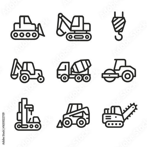 Construction Machinery Icons. Outline icon set of construction machinery: bulldozer, excavator, crane hook, backhoe, cement truck,
