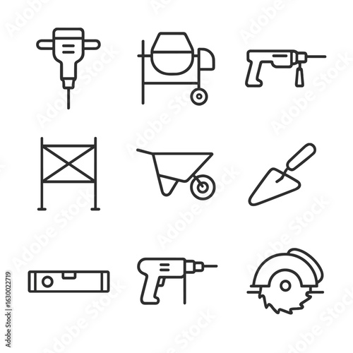 Construction Tool Icons. Outline icon set of construction machinery tools: jackhammer, concrete mixer, pneumatic drill,