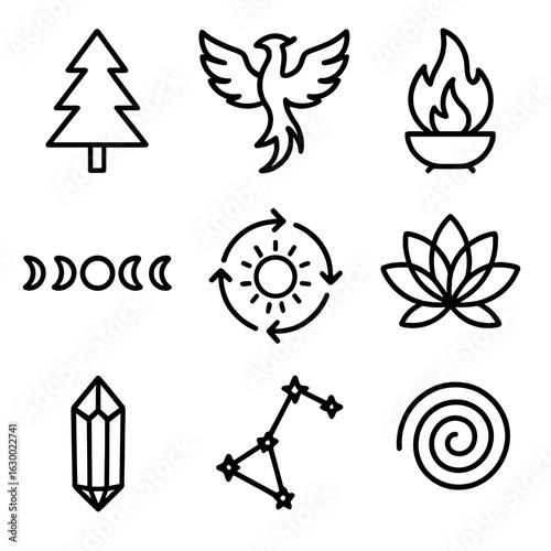 Immortality Symbols Icons. Outline icon set of immortality nature: evergreen tree, phoenix, eternal flame, moon phases, sun cycle,