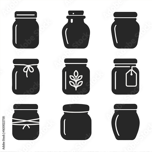 Decorative Mason Jar Icons. Solid, filled icons set of decorative jars: mason jars, corked jars, colored glass