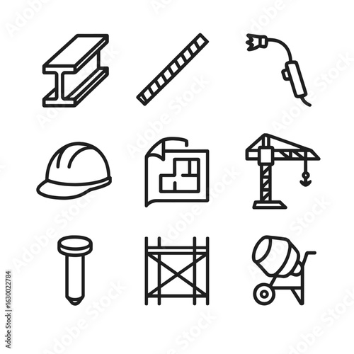 Construction Icon Set. Outline icon set of iron in construction: steel beam, iron rebar, welding torch, construction helmet,