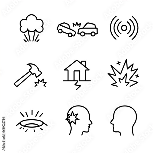 Impact Forces Icons. Outline icon set of impact forces: explosion, crash, collision, shockwave, hammer blow, earthquake tremor,