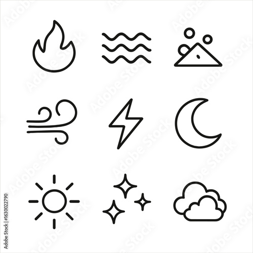Shaman Nature Icon Grid. Outline icon set of shaman nature elements: fire, water, earth, air, lightning, moon, sun, stars, clouds.