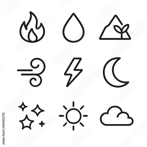 Shaman Nature Icon Grid. Outline icon set of shaman nature elements: fire, water, earth, air, lightning, moon, sun, stars, clouds.