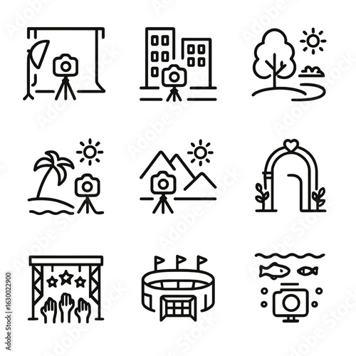 Photo Shoot Icon Set. Outline icon set of photo shoot locations: studio, urban street, nature park, beach, mountain, wedding venue