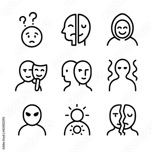 Shape-Shifter Emotions Icons. Outline icon set of shape-shifter emotions and states: confused face, dual expressions, hidden