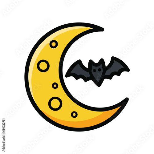 Cute black bat flying past a yellow crescent moon with craters. A simple and spooky Halloween night graphic illustration.