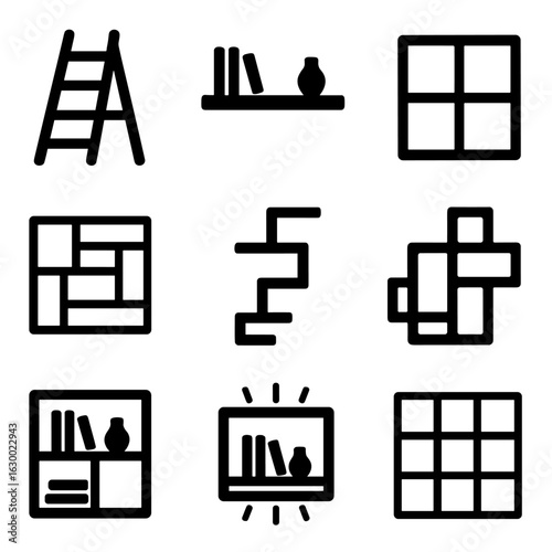 Decorative Shelving Icons. Solid, filled icons set of decorative shelving systems: ladder shelf, floating
