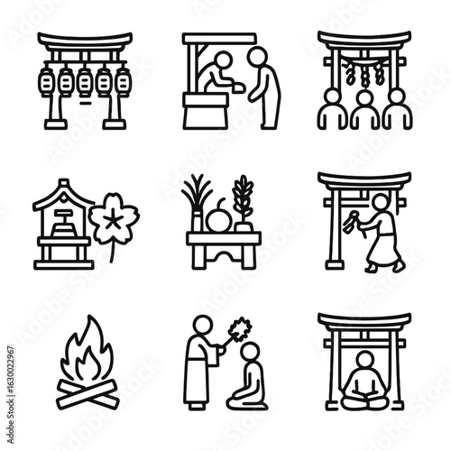 Shrine Festival Icons. Outline icon set of shrine festivals and events: lantern festival, purification ritual, prayer gathering,