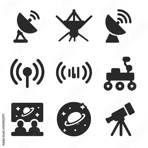 Deep Space Communication Icons. Solid, filled icons set of deep space communication: satellite dish, space