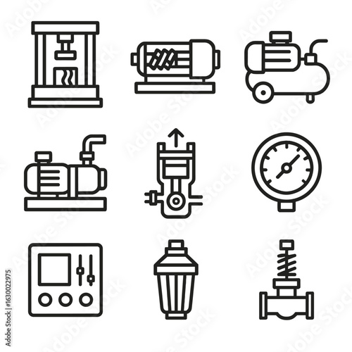 Industrial Compression Tools Icons. Outline icon set of compression tools in industry: hydraulic press, screw compressor, air