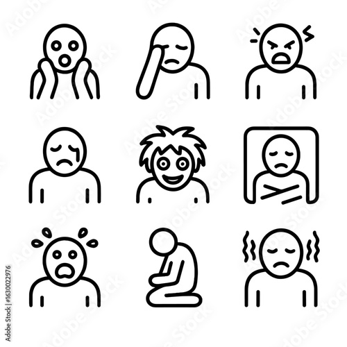 Contrast of Emotions. Outline icon set of curse emotions: fear, despair, anger, sorrow, madness, isolation, dread, hopelessness,