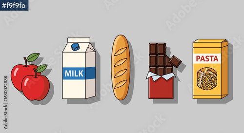 Illustration of two apples, milk carton, baguette, chocolate bar, and pasta box on a gray background