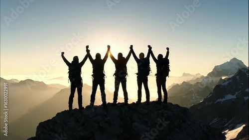 Hikers Standing on Mountain Peak Overlooking Scenic Vista at Sunrise
