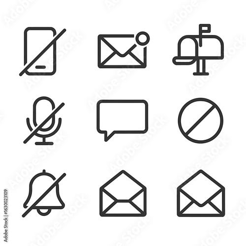 Silent Communication Icons. Outline icon set of emptiness in communication: silent phone, unread message, empty mailbox, no reply,
