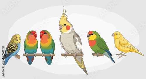 Illustration of a group of different types of colorful birds perched on wooden branches in a row design