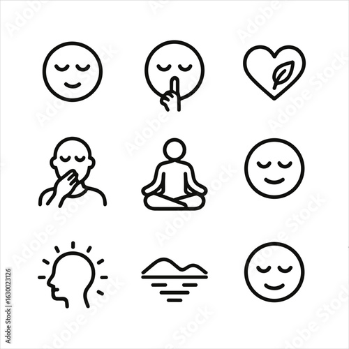 Silence Emotions Icons. Outline icon set of silence in emotions: calm face, closed eyes, peaceful heart, breath control, inner