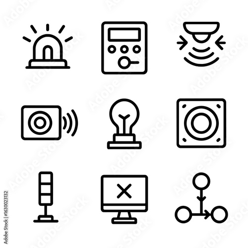 Industrial Signal Icons. Outline icon set of industrial signals: warning light, control panel, sensor alert, machine beep,
