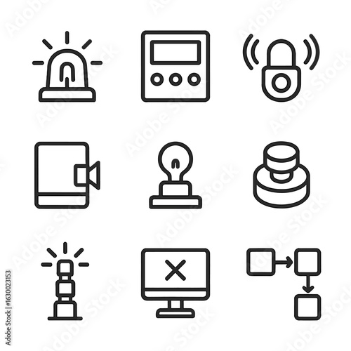 Industrial Signal Icons. Outline icon set of industrial signals: warning light, control panel, sensor alert, machine beep,
