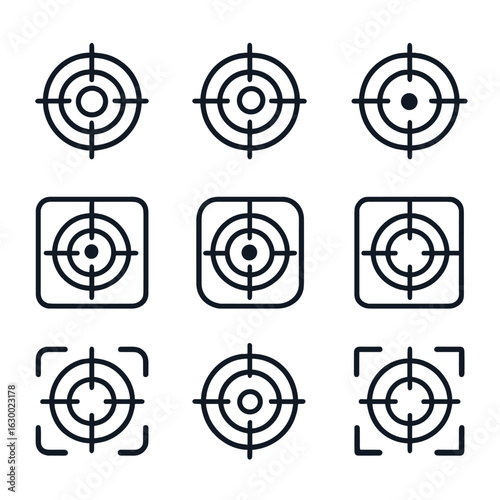 Central Focus Icons. Outline icon set of centered composition: subject center, radial balance, concentric circles, central focus,