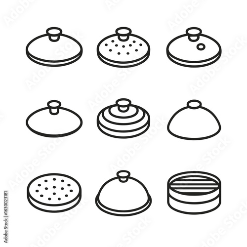 Cooking Lid Icons. Outline icon set of cooking steam lids: glass steam lid, perforated lid, steam vent lid, silicone steam lid,