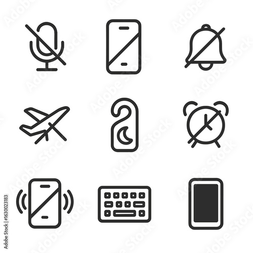 Silent Tech Icons. Outline icon set of silence in technology: mute microphone, silent mode phone, no notifications, airplane mode,