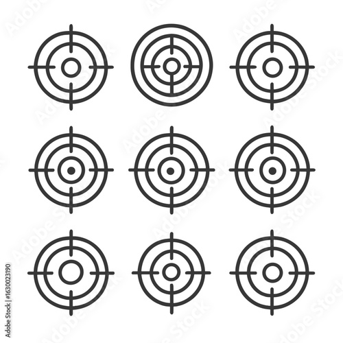 Central Focus Icons. Outline icon set of centered composition: subject center, radial balance, concentric circles, central focus,