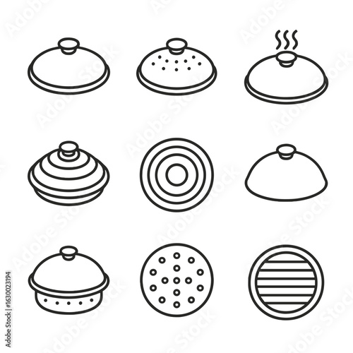 Cooking Lid Icons. Outline icon set of cooking steam lids: glass steam lid, perforated lid, steam vent lid, silicone steam lid,