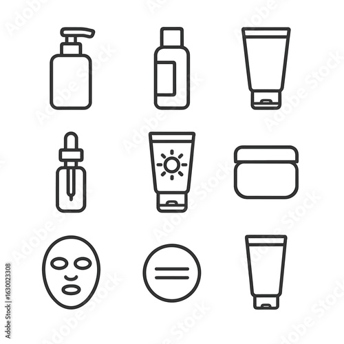 Skincare Icons Grid. Outline icon set of skincare routine: cleanser bottle, toner bottle, moisturizer tube, serum dropper,