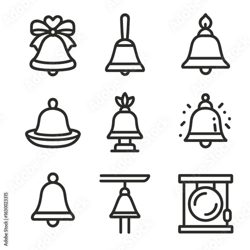 Ceremonial Bells Icon Set. Outline icon set of ceremonial bells: wedding bell, prayer bell, ritual bell, incense bell, offering