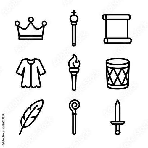 Ceremonial Objects Icons. Outline icon set of ceremonial objects: crown, scepter, scroll, ceremonial robe, torch, ceremonial drum,