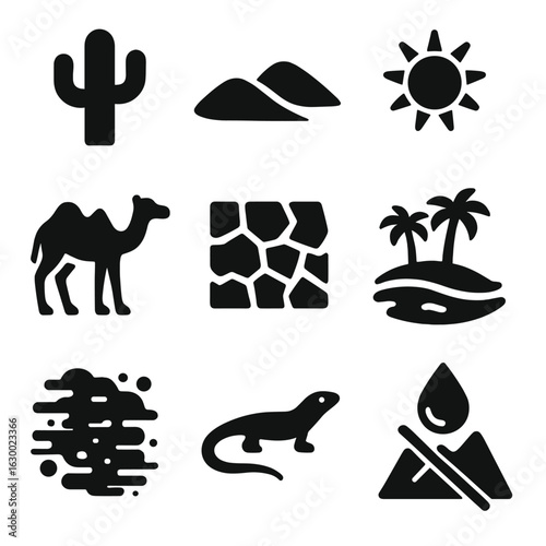 Desert Climate Icons. Solid, filled icons set of desert climate symbols: cactus, sand dune, blazing sun, camel