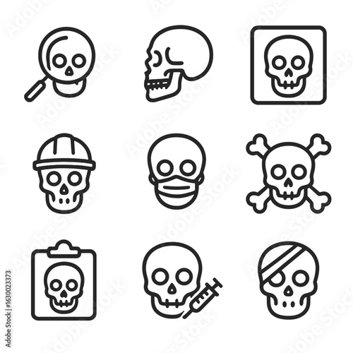 Skull Medical Icons. Outline icon set of skull and medical symbols: forensic skull, anatomy skull, skull X-ray, skull with helmet,