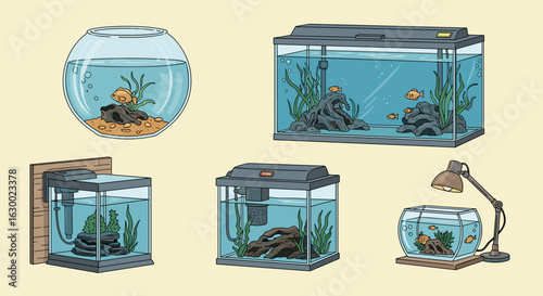 Illustration showcasing a variety of different fish tanks with aquatic life and decorations inside them