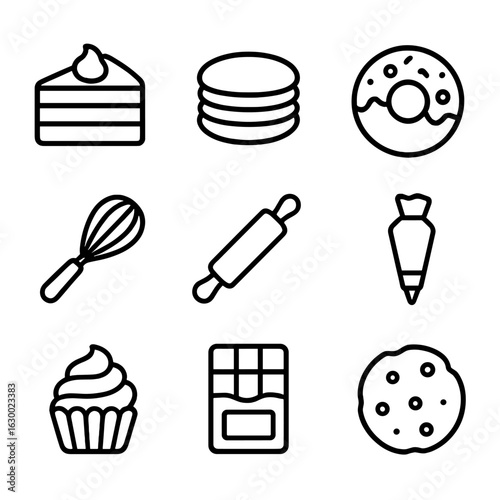 Dessert Icon Set. Outline icon set of dessert and pastry fairs: cake slice, macaron, doughnut, whisk, rolling