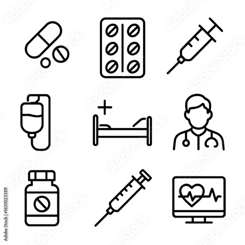 Infection Treatment Icons. Outline icon set of infection treatment: antibiotics, antiviral drugs, injection, IV drip, hospital bed