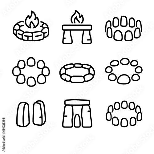 Ceremonial Stone Icons. Outline icon set of ceremonial stone rings: fire pit circle, stone altar with fire, ritual site, sacred